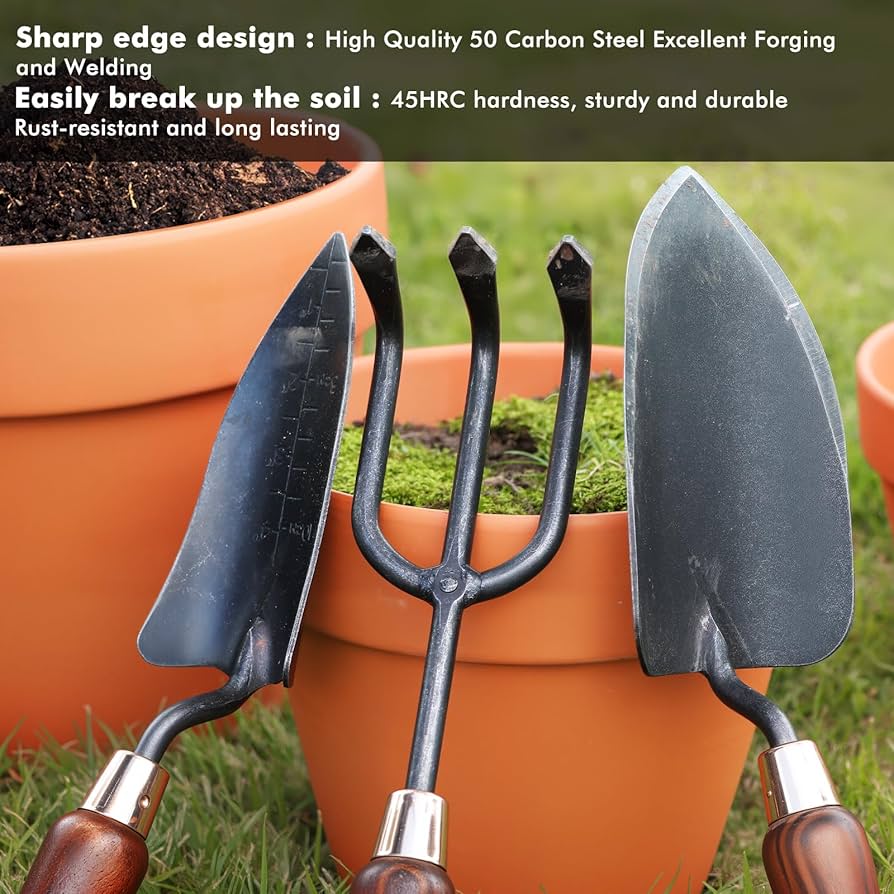 Close-up of RESTMO garden tools showing carbon steel quality and wooden handles